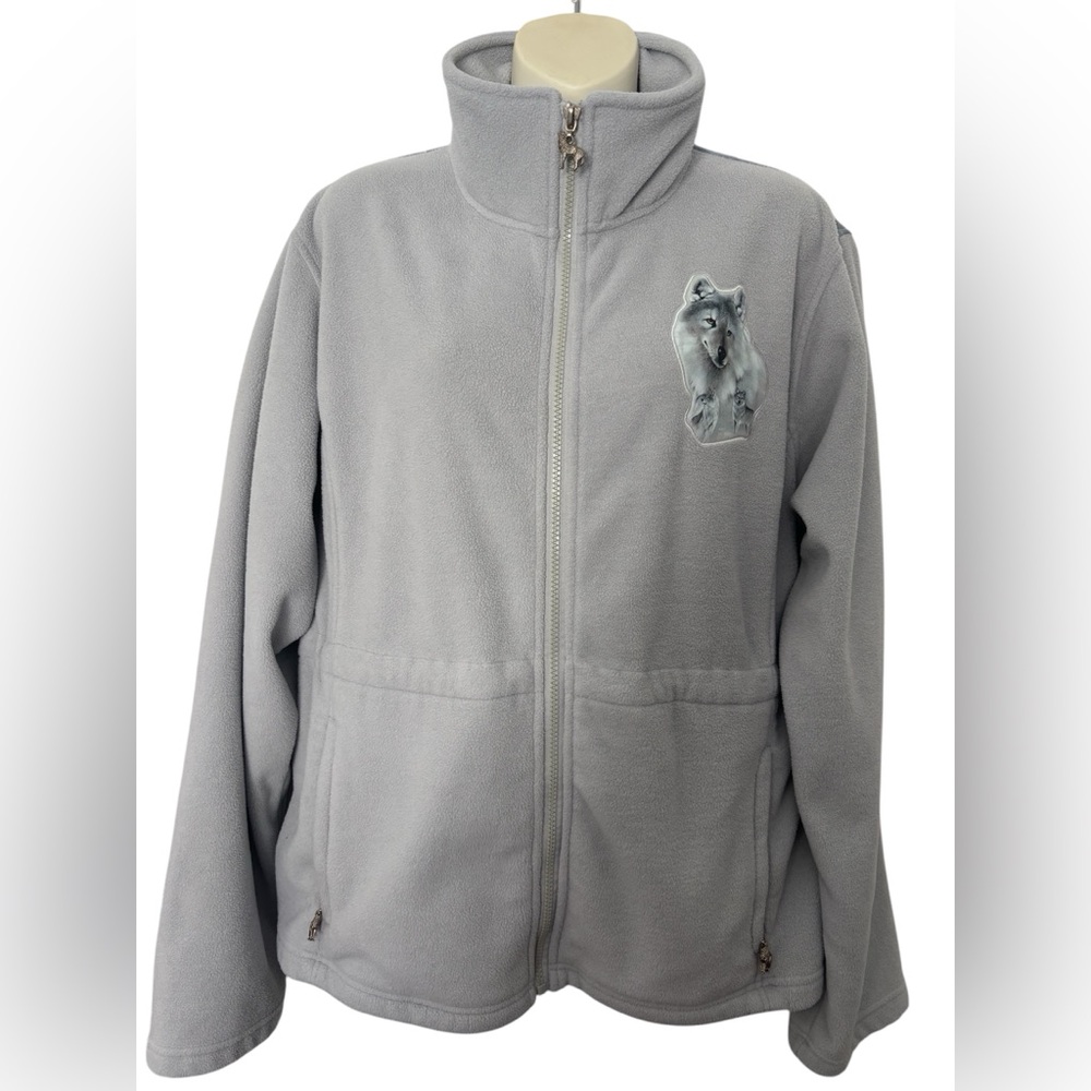 Vintage Gray Fleece Jacket with Embroidered Wolf Design